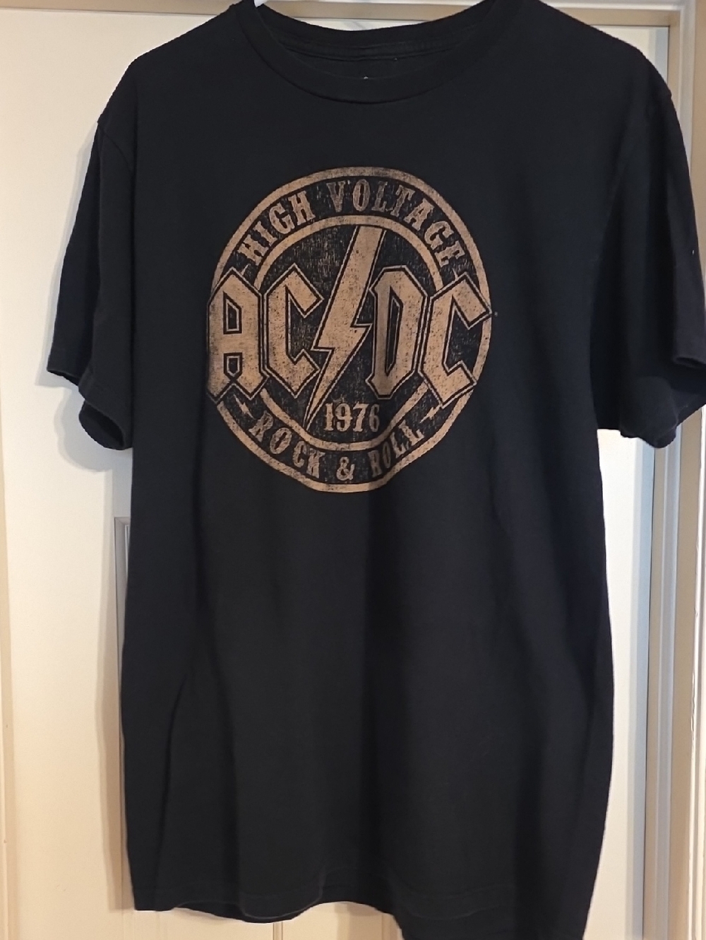 AC/DC Black Tee with Gold High Voltage Emblem